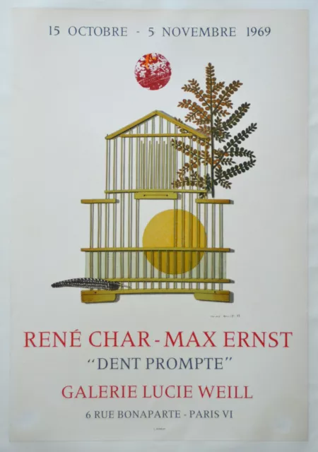 Affiche originale ancienne entoilée : MAX ERNST - René CHAR - 1969- MOURLOT