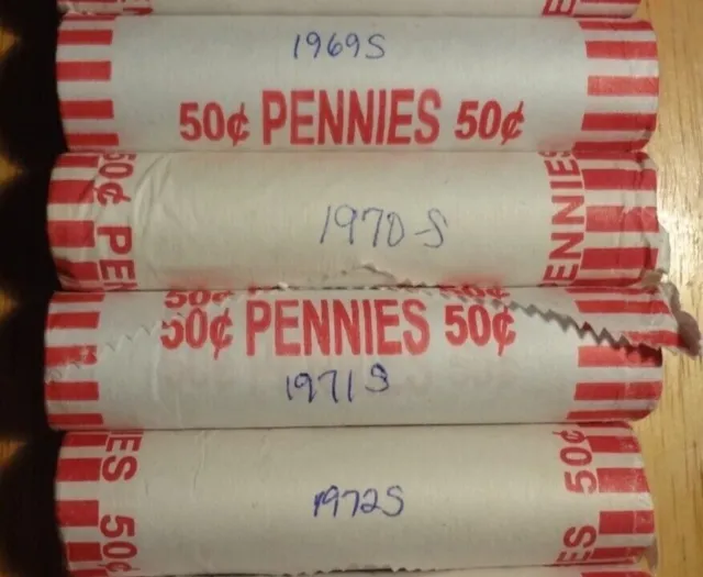 Roll Set Circulated S-Mint Lincoln Memorial Cents 1969-S thru 1972-S (200 coins)
