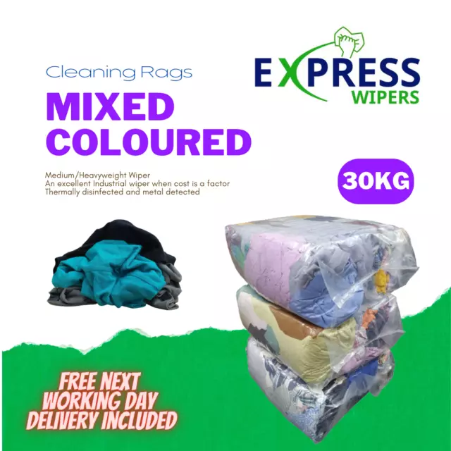 3 x 10 KG BAGS OF MIXED COLOURED CLEANING RAGS WIPERS WIPING CLOTHS ONLY £39.99