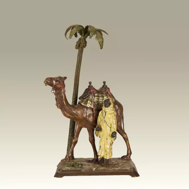 "Bedouin with Camel under Palm tree" Cold Painted Bronze by Franz Bergman