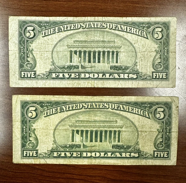 Qty: (2) 1934 Five Dollar Blue Seal Notes. Silver Certificate Old US Bill $5 2