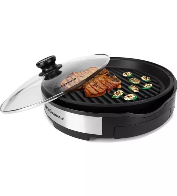 ELITE EMG6505G 12" Indoor Electric Round Nonstick Grill/Glass Lid