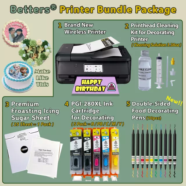 New Edition) Cake Printer Set- Ink & 25 Frosting Sheets & Edible Pens &Clean Kit