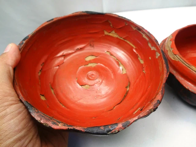 Antique Burmese Lacquerware Pumpkin Box Jewelry Box Black & Red Color Collectib" 5