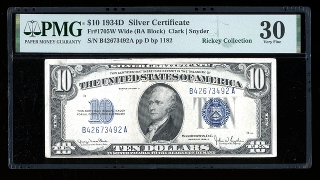 DBR 1934-D $10 Silver Wide Fr. 1705W PMG 30 Serial B42673492A