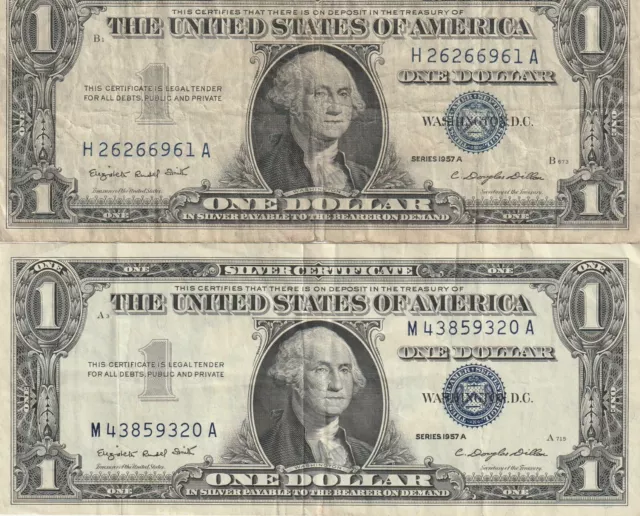 Lot of 2 U. S. $1 Silver Certificates, 1957 A, Circulated, Blue Seal