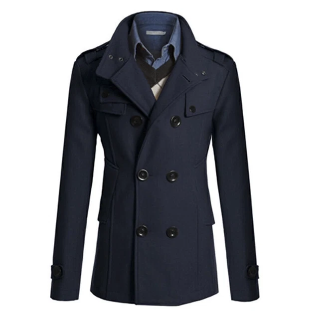 Mens Double Breasted Trench Coat Formal Jacket Winter Peacoat Overcoat Outerwear