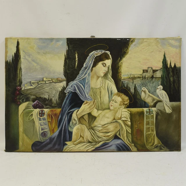 Quadro Antico Dipinto Olio Su Tela Madonna con il bambino 99,5x65 cm