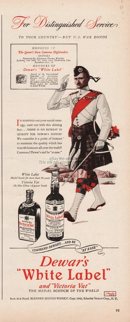 1944 Dewars White Label Scotch Queen's Own Cameron Highlanders British Army Ad