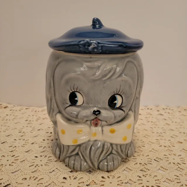 Vintage 1960s Ceramic Cookie Jar Canister E/ Lid Japan Gray Puppy Dog Bow Tie