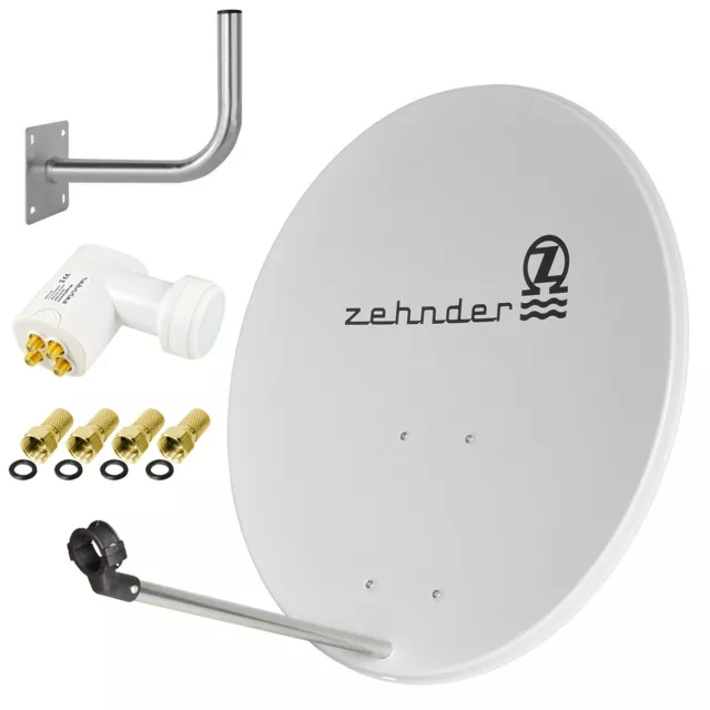 ZEHNDER Digitale SAT Anlage 80cm Spiegel Schüssel + QUAD LNB + Wandhalter SET