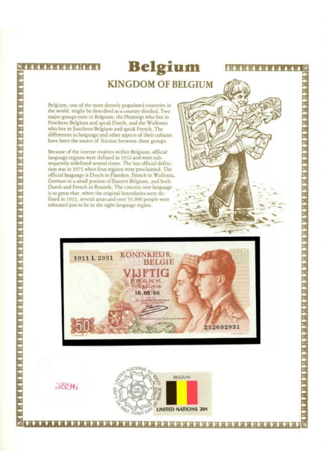 Belgium 50 Francs 1966 P 139a.3 UNC w/FDI UN FLAG STAMP Kestens 1011P 252602931