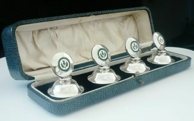 Sterling Silver Enamel Menu Place Card Holders, Scottish Thistles 1927 Cased