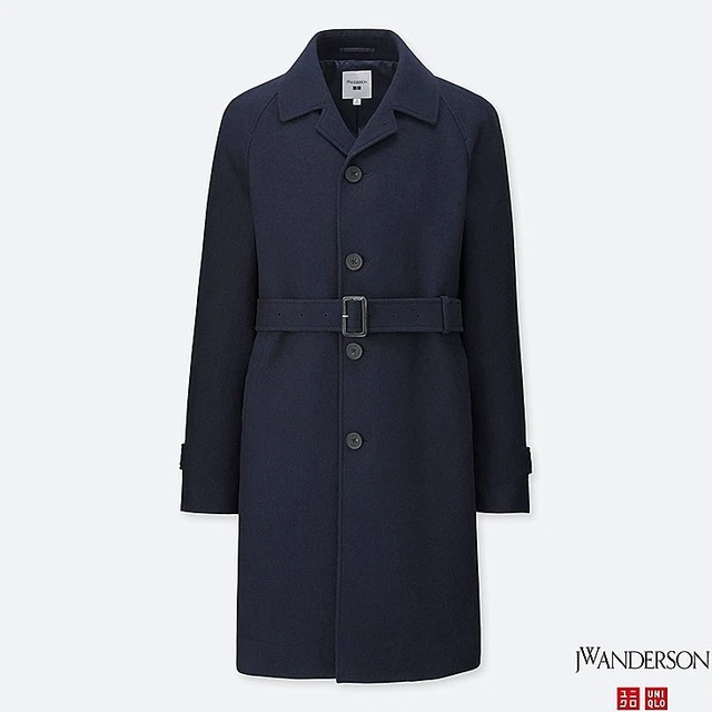 JW ANDERSON UNIQLO Wool Blend Tweed Trench Coat Belt Navy Blue