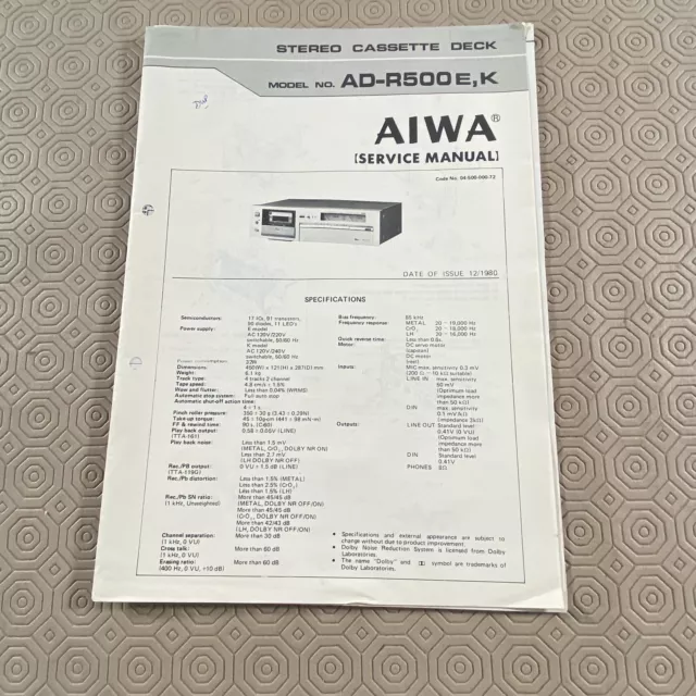 Original Service Manual for the Aiwa AD-R500 E,K Stereo Cassette Deck 12/1980