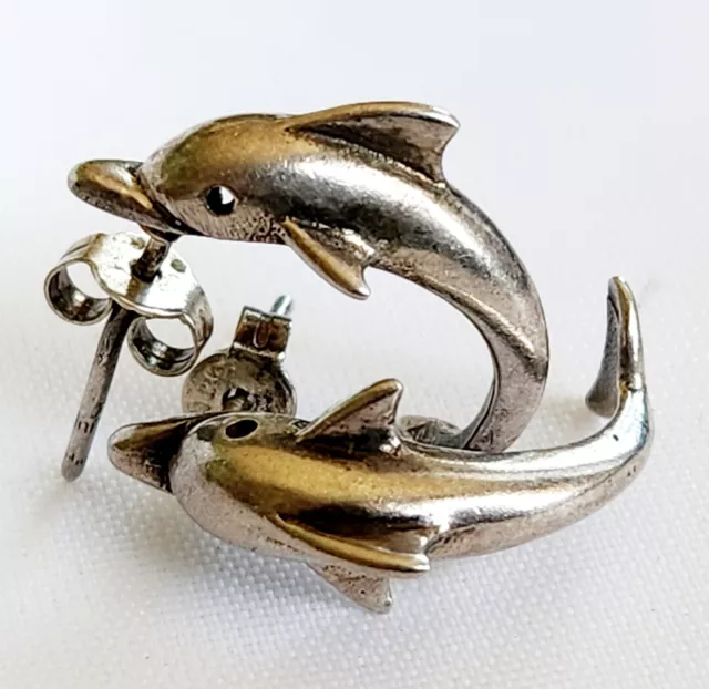 VTG Estate 925 Sterling Silver Dolphin Huggie Stud Earrings 2.77g 20mm