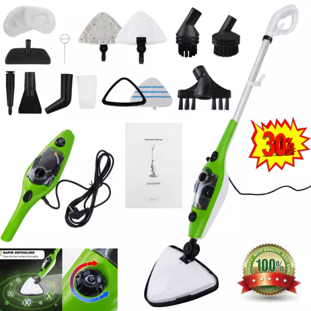 10 IN 1 Hot Steam Mop Hand Held Cleaner Steamer Floor Carpet Washer Window 1500W