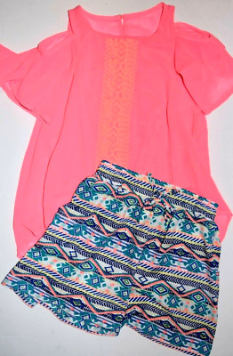 Euc Gb Girls Cold Shoulder Pink Orange Top 6X Tribal Print Shorts S 2 Pc Set