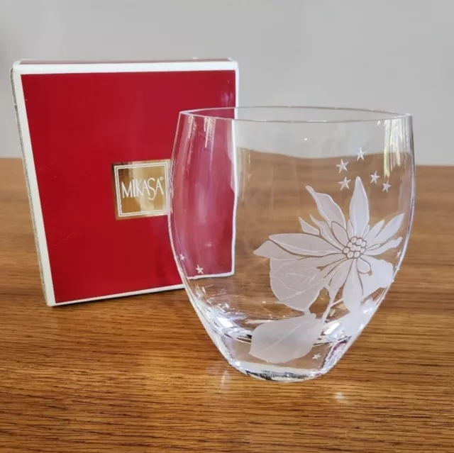 Mikasa 6" Ellipse Etched Clear Glass Poinsettia Delight Vase Christmas Holiday