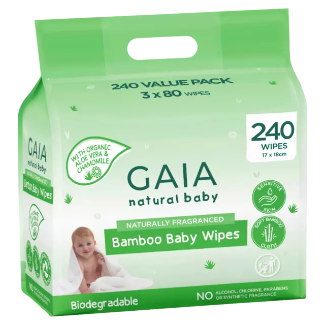 Gaia Natural Baby Bamboo Baby Wipes 3 x 80 Value Pack Fresh Soft Sensitive Skin