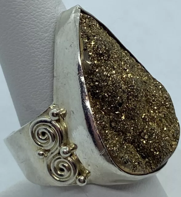 Sajen 925 Sterling silver ring leopard gold drusy pear shape - Sz: 9.5 Adj.