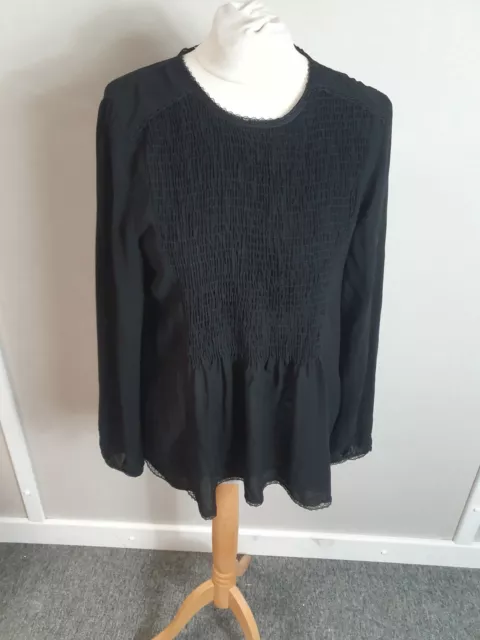 Zara Basic Black Lace Trim Long Sleeve Smock Top Womens Size M (Fy22)