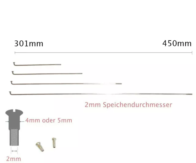 24x Speichen 2mm Ø aus Edelstahl in silber inkl. 4mm Speichennippeln 301mm-450mm 2
