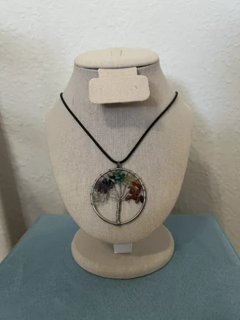 Pendant Necklace Natural Gemstone Tree of Life 7 Chakra Healing Crystal Charm