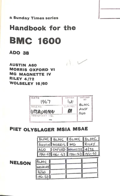 Handbook for the BMC 1600 (ADO 38): Austin A60,Morris Oxford VI, MG Magnette IV,