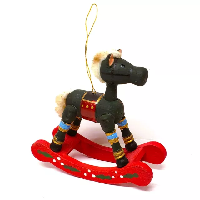 Russ Berrie Rocking Horse Christmas Tree Ornament Vintage Wood Green Red