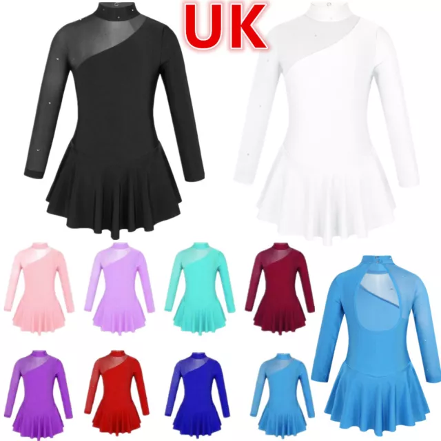 UK Kid Girls Sequins Mock Neck Figure Ice Skating Dress Gymnastics Ballet Dress