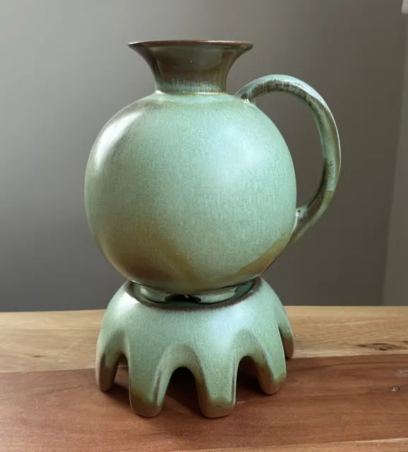 Vintage Frankoma Pottery #82 Prairie Green Brown Carafe and Warmer No Lid 10”