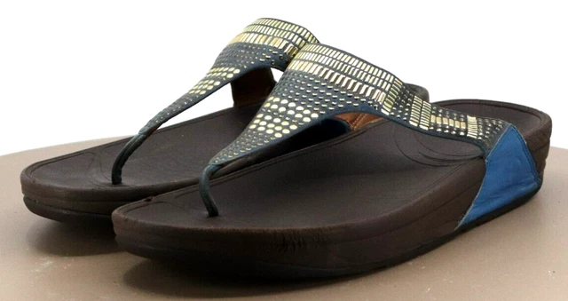 Fitflop Women's Studded Wedge Thong Sandals Size 11 Leather Blue