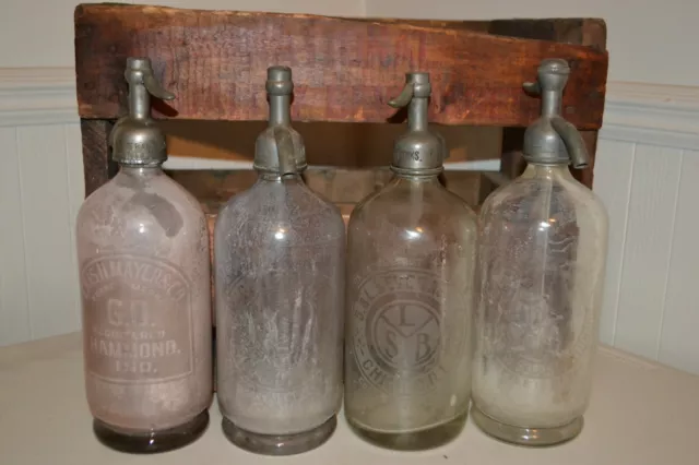Antique 1920s 1930s Seltzer Bottles 26 oz Set of 4 w/Wooden Crate