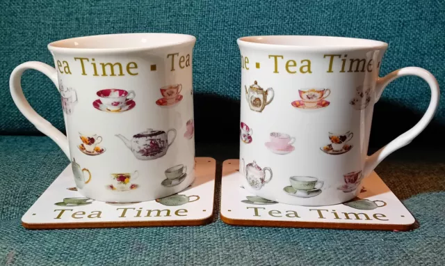 2 Beautiful Brand New The Leonardo Collection "Tea Time" Mugs & Coasters