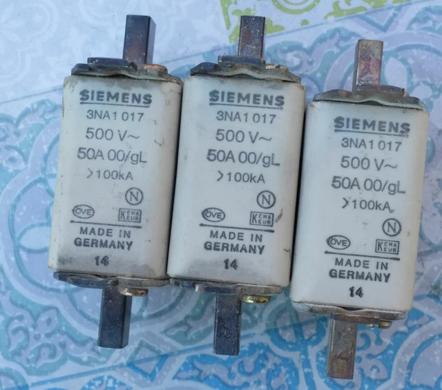 3X Siemens 3NA1017 50A cartouche fusible à couteaux taille 00 gl 500V Lot de 3 4