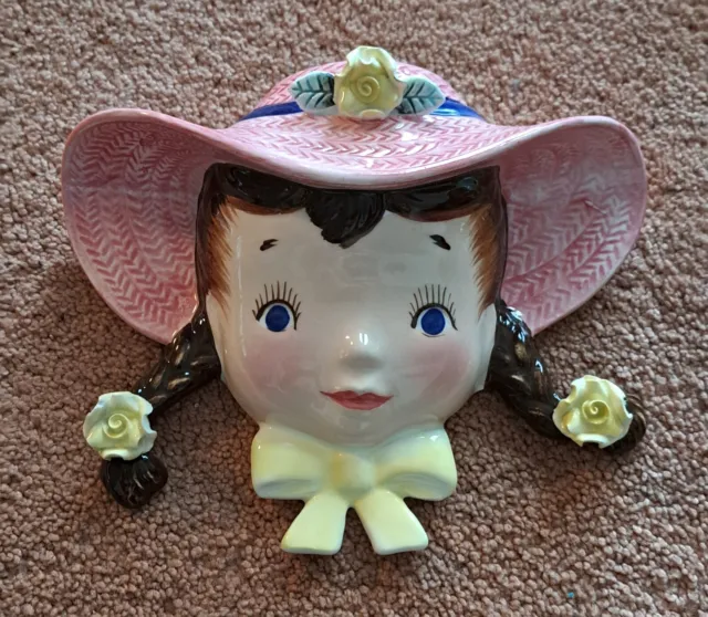 Vintage Ceramic Wall Pocket Vase Little Girl Straw Hat Wales Made In Japan