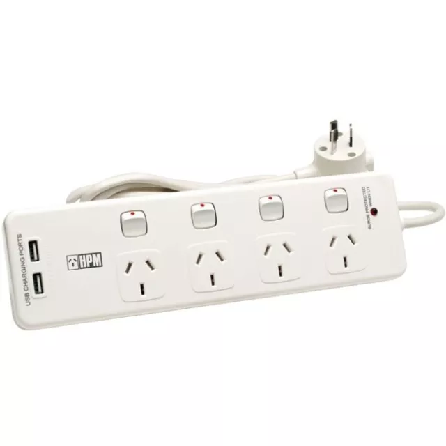 OZSTOCK 4 WAY SURGE POWER BOARD DUAL USB SWITCHED 14W17 1.8m lead HPM