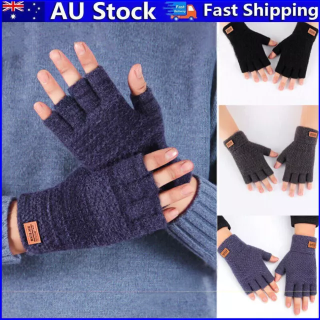 Winter Alpaca Wool Fingerless Gloves Thermal Mens Knitted Half Finger Mittens AU