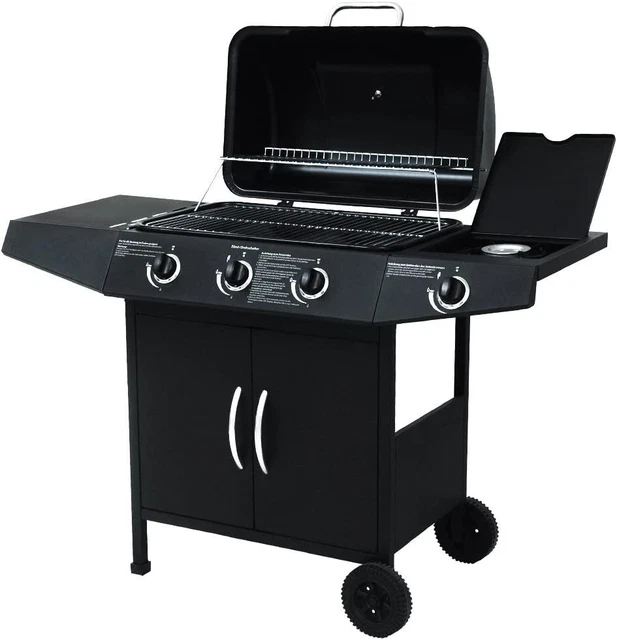 Gasgrill BBQ 3 Hauptbrenner, 1 Seitenbrenner, Schwarz, 2 Rollen, Thermometer