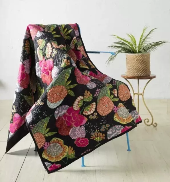 Handmade Floral Print Kantha Quilt Bird Peacock Twin Size Bedspread Indian Throw