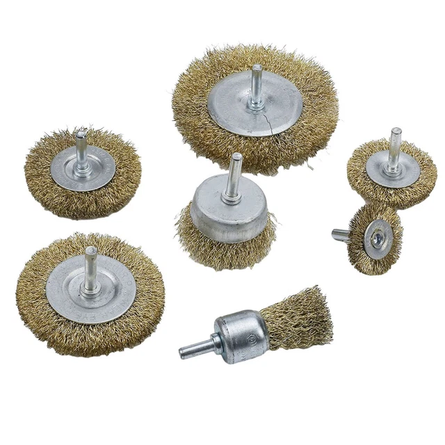 7pcs/set Wire Cup Brush Wheel For Drill 1/4 Arbor 0.02 Brass Coated Steel Wire