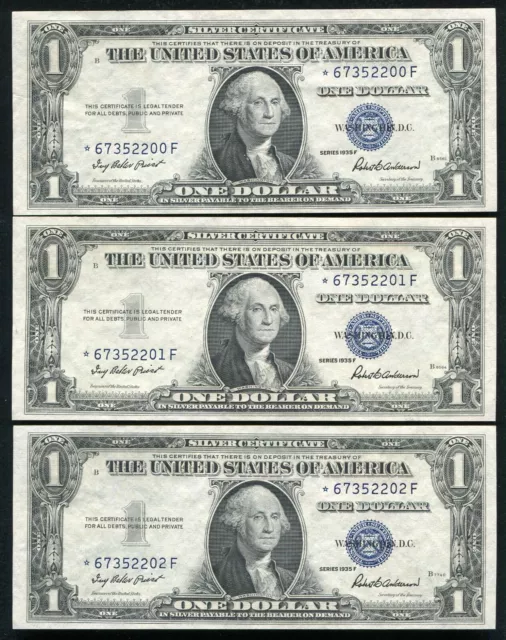 (3) Consecutive 1935-F $1 One Dollar *Star* Silver Certificates Uncirculated