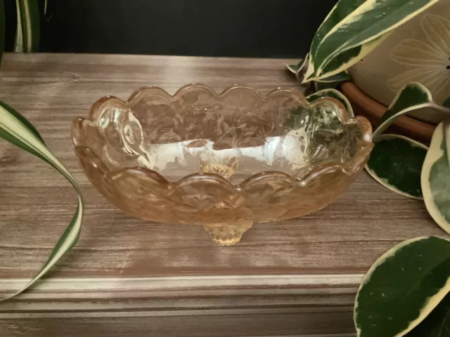 Vintage Jeanette Glass Candy Dish Marigold Footed Oval Bowl Floragold Iridescent