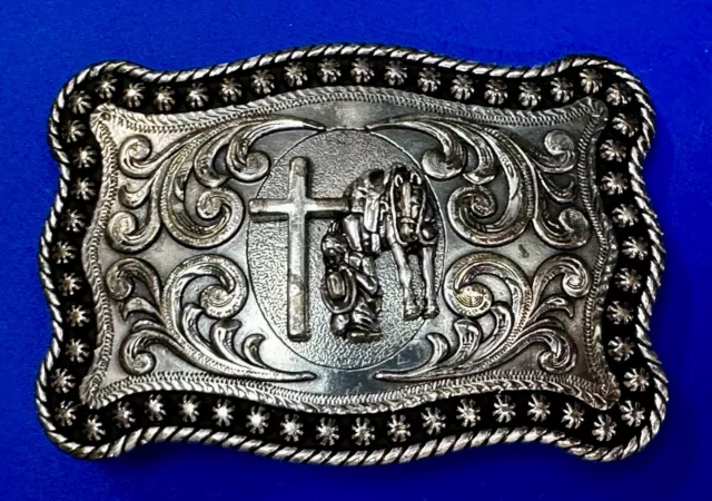 Cowboy Man kneeling at Cross horse Praying Nocona Western Religious Belt Buckle