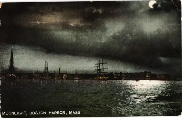 Moonlight Boston Harbor Boston MA Undivided Postcard c1907