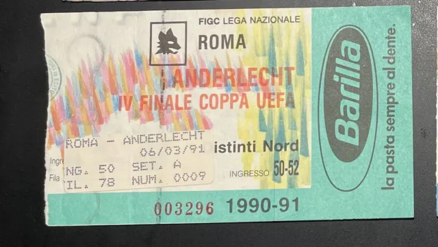 As Roma - Anderlecht UEFA 1990/91 Ticket Biglietto Entrada Pass Very Rare