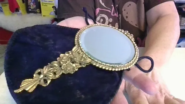 Antique Victorian style gold hand held 2-sided mirror with magnifier RARE- WOW!