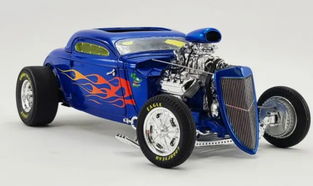 1:18 1934 Ford Blown Altered Coupe -- Blue w/Flames "Rat Fink" -- ACME Hot Rod