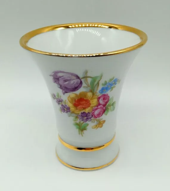 Vintage White Ceramic Vase With Gold Rim And Floral Design - Marked Foreign
